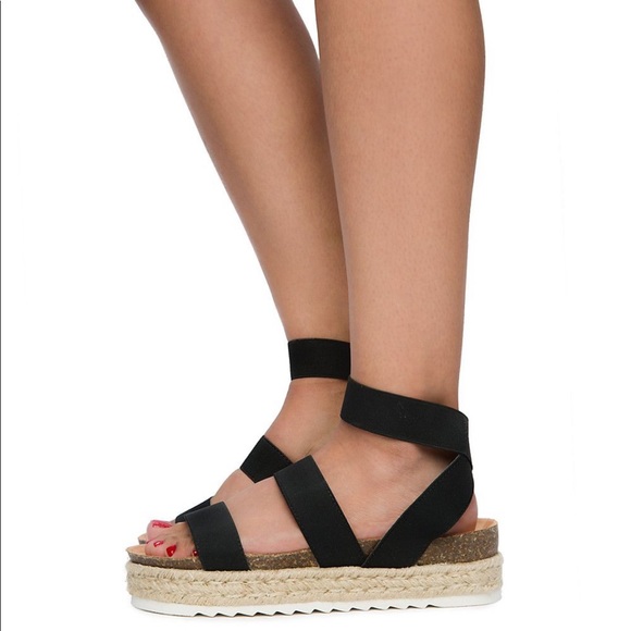 Black Espadrilles Platform Two Strap Sandals Twine - Picture 3 of 8